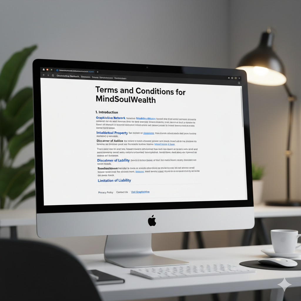 A professional computer screen displaying the Terms and Conditions page for the MindSoulWealth and GraphixHive Network.