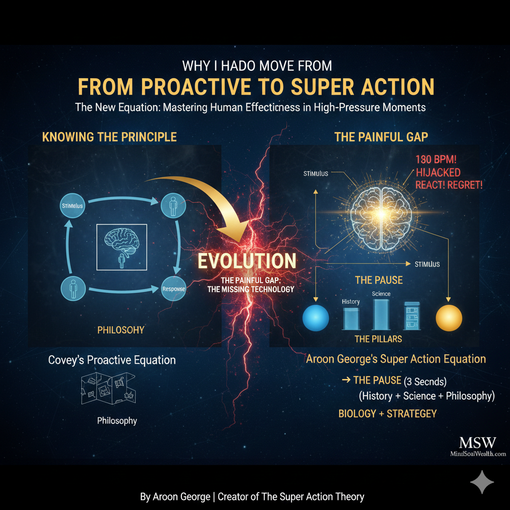 "From proactive to super action evolution diagram showing Covey's equation versus Aroon George's Super Action Theory"